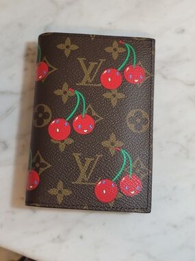 Fashion Monogram Cherry Passport Holder — Brown with Red Accent